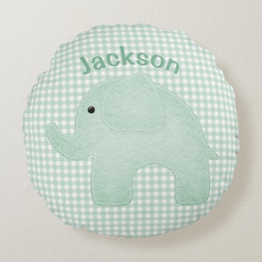Gepersonaliseerde Elephant Green Play Gingham Nurs Rond Kussen (Voorkant)