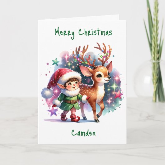 Gepersonaliseerde Elf en Herten Kleurplaat Kerstmi Kaart (Voorkant)