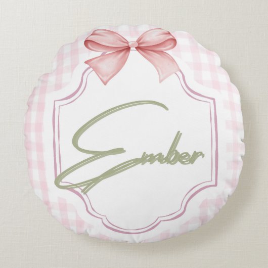 Gepersonaliseerde Ember Baby Girl Nursery Bow & Gi Rond Kussen (Voorkant)