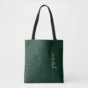 Gepersonaliseerde Emerald Green Gold Square Confet Tote Bag