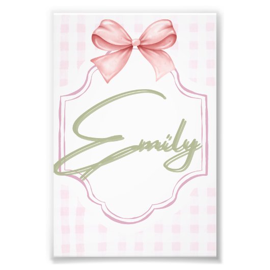 Gepersonaliseerde Emily Baby Girl Nursery Bow & Gi Foto Afdruk (Voorkant)