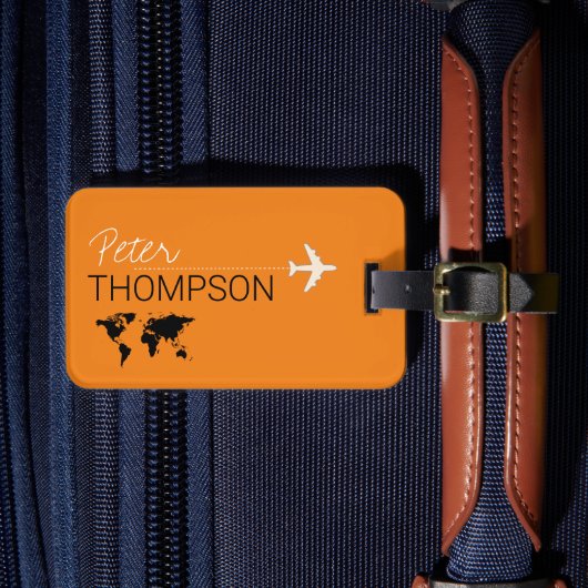 Gepersonaliseerde en elegante oranje vliegreizen bagagelabel (Voorkant Insitu 4)