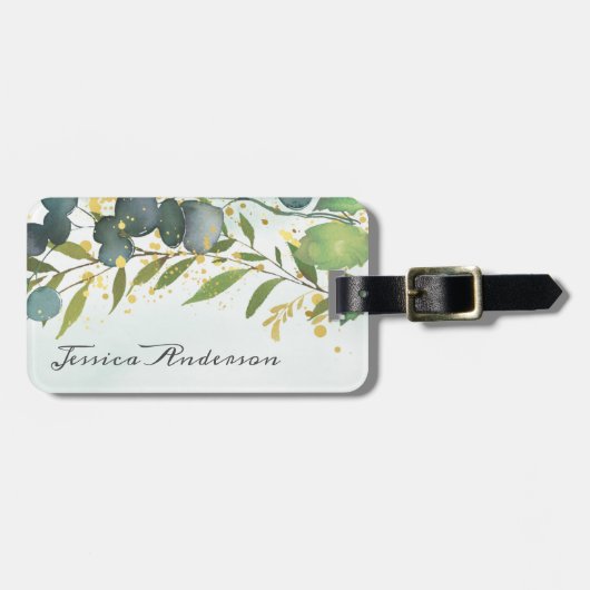 Gepersonaliseerde Eucalyptus Greenery Gold Bagagelabel (Voorkant horizontaal)