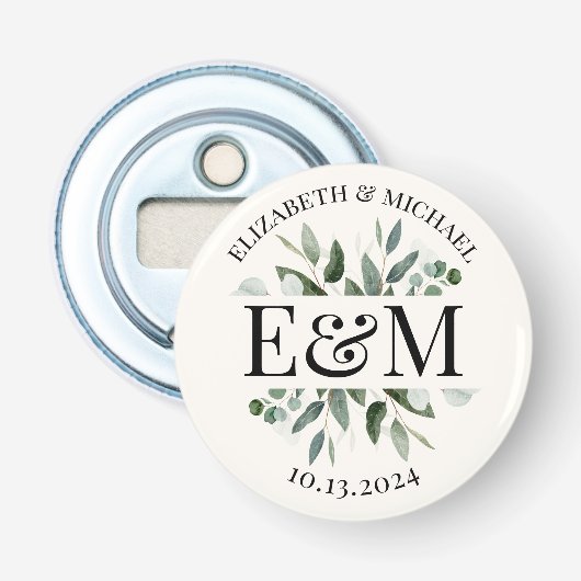 Gepersonaliseerde Eucalyptus Greenery Wedding Butt Button Flesopener (Voorkant)