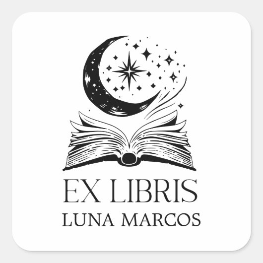 Gepersonaliseerde Ex Libris met een boek en sterre Vierkante Sticker (Voorkant)