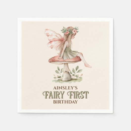 Gepersonaliseerde Fairy Eerste Roze 1e Verjaardags Servet (Voorkant)