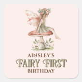 Gepersonaliseerde Fairy Eerste Roze 1e Verjaardags Vierkante Sticker (Voorkant)