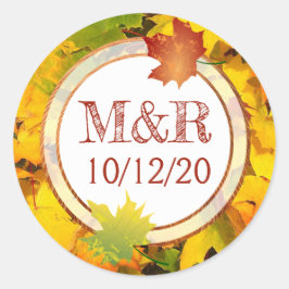 Gepersonaliseerde 'Fall Leaves Monogram Wedding St Ronde Sticker