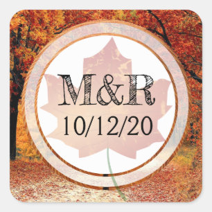 Gepersonaliseerde 'Fall Leaves Monogram Wedding St Vierkante Sticker