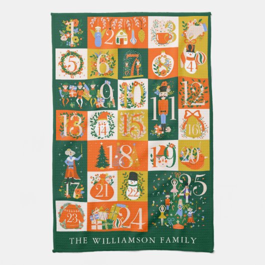 Gepersonaliseerde Familie Advent Kalender Kerstkun Theedoek (Verticaal)