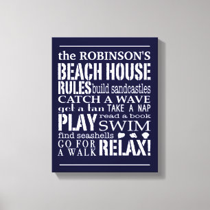Gepersonaliseerde familie Beach House Regels Marin Canvas Afdruk
