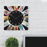 Gepersonaliseerde familie foto Collage Black Vierkante Klok<br><div class="desc">Aangepaste fotoklok met uw eigen aangepaste foto's. Het fotomalplaatje is opstelling klaar voor u om 12 van uw favoriete afbeeldingen toe te voegen die met de klok mee van de bovenkant werken. Eenvoudig en vers, dit zwarte ontwerp heeft witte getallen en zal er geweldig uitzien met modern en hedendaags decor....</div>