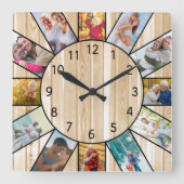 Gepersonaliseerde familie Foto Collage Pine Wood Vierkante Klok (Voorkant)