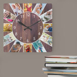 Gepersonaliseerde familie Foto Collage Warm Brown  Vierkante Klok<br><div class="desc">De persoonlijke vierkante fotoklok met uw eigen favoriete foto's. Het fotomalplaatje is opstelling klaar voor u om 12 van uw afbeeldingen toe te voegen die met de klok mee van de bovenkant werken. Dit warme bruine houten ontwerp heeft witte getallen en zal er geweldig uitzien met een traditioneel decor en...</div>
