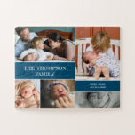 GEPERSONALISEERDE FAMILIE Foto's blauw blok Legpuzzel<br><div class="desc">Deze familiepuzzel is een grote verrassing voor een familie die graag samen games speelt. Schrap hen aangezien het openbaart dat het een gepersonaliseerd ontwerp met hun foto's en namen is. Blauwe accentblokken.</div>
