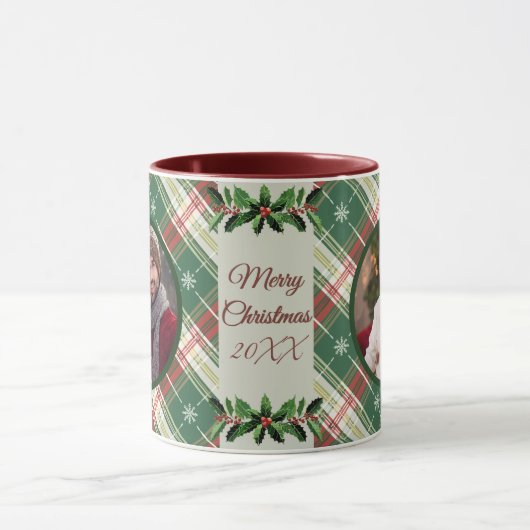 Gepersonaliseerde Familie Kerst Wit, Groen Plaid Mok (Midden)