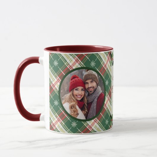 Gepersonaliseerde Familie Kerst Wit, Groen Plaid Mok (Links)