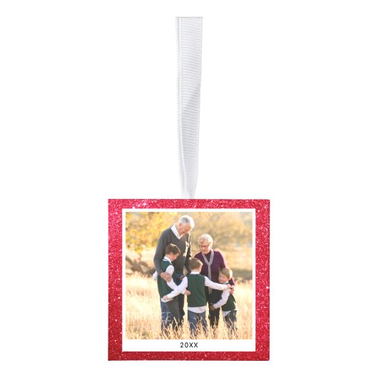 Gepersonaliseerde Familie Kerstmis Foto Rode Glitt Decoratie (Rechts)