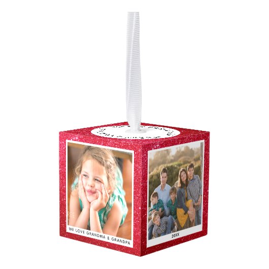 Gepersonaliseerde Familie Kerstmis Foto Rode Glitt Decoratie (Achter hoekig)