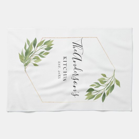 Gepersonaliseerde familie Kitchen Greenery Theedoek (Horizontaal)