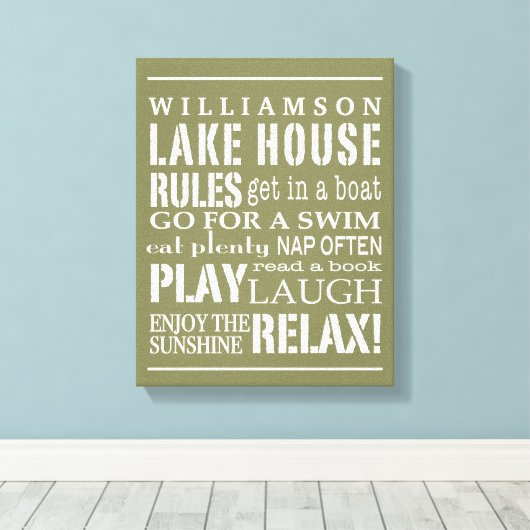 Gepersonaliseerde familie Lake House Rules Green | Canvas Afdruk (Insitu (Houten vloer))