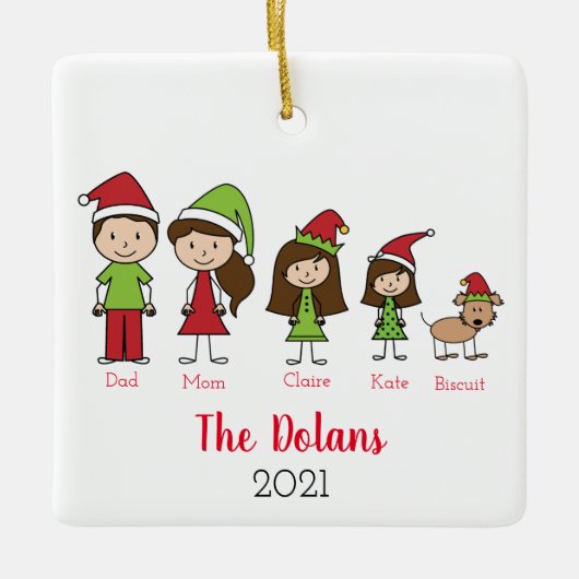 Gepersonaliseerde familie met feestelijke feestdag keramisch ornament (Voorkant)