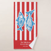 Gepersonaliseerde familie nautische rode sardine s badhanddoek (Badhanddoek)