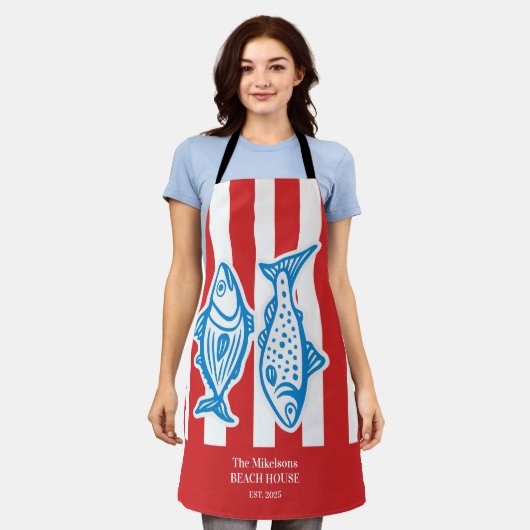 Gepersonaliseerde familie nautische rode sardine s schort (Gedragen)