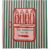 Gepersonaliseerde familie Retro Sardine Tin Stripe Douchegordijn (Voorkant)