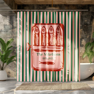 Gepersonaliseerde familie Retro Sardine Tin Stripe Douchegordijn
