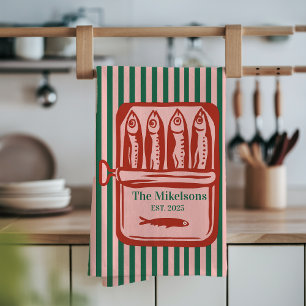 Gepersonaliseerde familie Retro Sardine Tin Stripe Theedoek