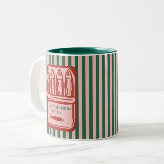 Gepersonaliseerde familie Retro Sardine Tin Stripe Tweekleurige Koffiemok (Voorkant links)
