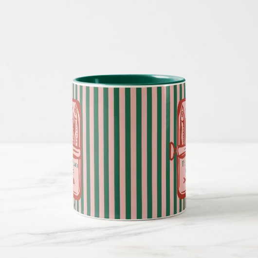 Gepersonaliseerde familie Retro Sardine Tin Stripe Tweekleurige Koffiemok (Center)