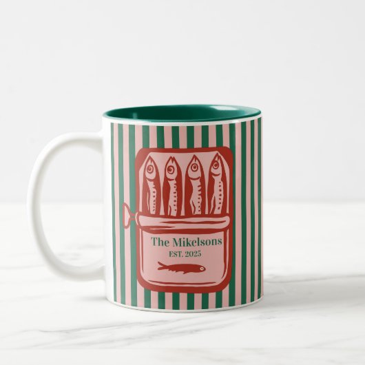 Gepersonaliseerde familie Retro Sardine Tin Stripe Tweekleurige Koffiemok (Links)