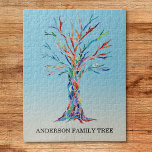 Gepersonaliseerde familieboom puzzle legpuzzel<br><div class="desc">Gepersonaliseerde familieboom - puzzel. Deze stijlvolle puzzel is versierd met een regenboogkleurig familieontwerp op een blauwe achtergrond. Pas het aan met uw familienaam. De boom werd oorspronkelijk in mozaïek gemaakt met kleine stukjes gekleurd glas. Originele mozaïek © Michele Davies.</div>