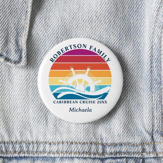 Gepersonaliseerde Familiecruise Retro Sunset Ship  Ronde Button 5,7 Cm
