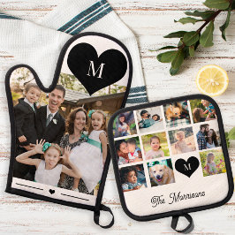 Gepersonaliseerde familiefoto collage naam monogra ovenwant & pannenlap set