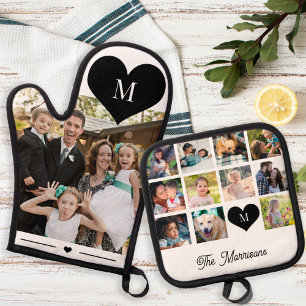 Gepersonaliseerde familiefoto collage naam monogra ovenwant & pannenlap set