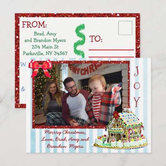 Gepersonaliseerde Familiefoto Gingerbread House Ka Feestdagenkaart (Voorkant / Achterkant)