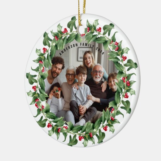 Gepersonaliseerde Familiefoto Kerstkrans Keramisch Ornament (Links)