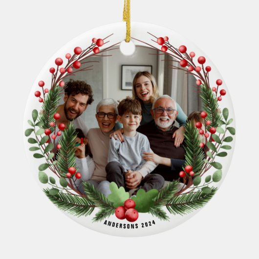 Gepersonaliseerde Familiefoto Kerstkrans Keramisch Ornament (Achterkant)