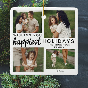 Gepersonaliseerde Familiefotocollage Kerstmis 2024 Keramisch Ornament