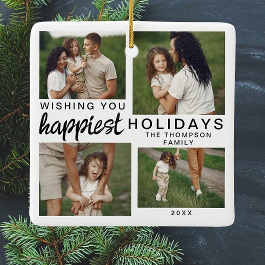 Gepersonaliseerde Familiefotocollage Kerstmis 2024 Keramisch Ornament
