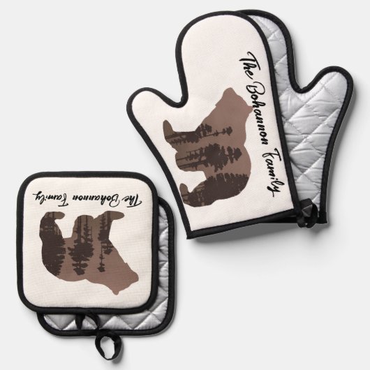 Gepersonaliseerde Familienaam Beer Silhouette Ovenwant & Pannenlap Set (Voorkant / Achterkant)