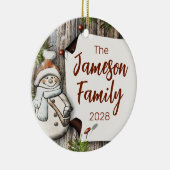 Gepersonaliseerde familienaam Christmas Snowman Keramisch Ornament (Rechts)