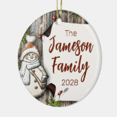 Gepersonaliseerde familienaam Christmas Snowman Keramisch Ornament (Links)