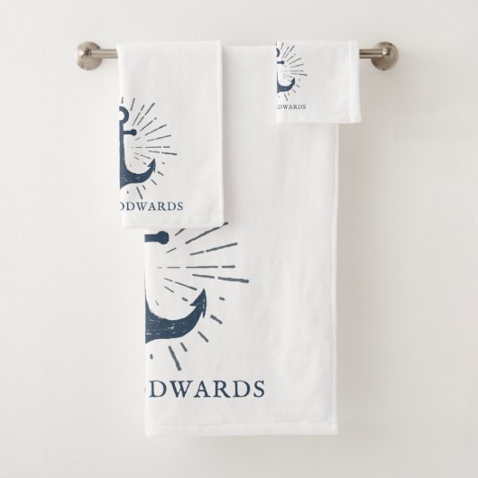Gepersonaliseerde familienaam nautische marine bla bad handdoek (Insitu)