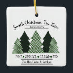 Gepersonaliseerde familienaam Plaid Christmas Tree Keramisch Ornament<br><div class="desc">Dit schattige keramische boerderij ornament heeft een gepersonaliseerde familienaam en is voorzien van groen / zwart buffelcheque en groen / wit geruite kerstbomen en is ideaal voor meer neutrale decors. De tekst luidt achternaam "Christmas Tree Boerderij", "Cut and Carry", "Pine Spruce Cedar Fir" en "Free Hot Cocoa & Cookies". Geweldig...</div>