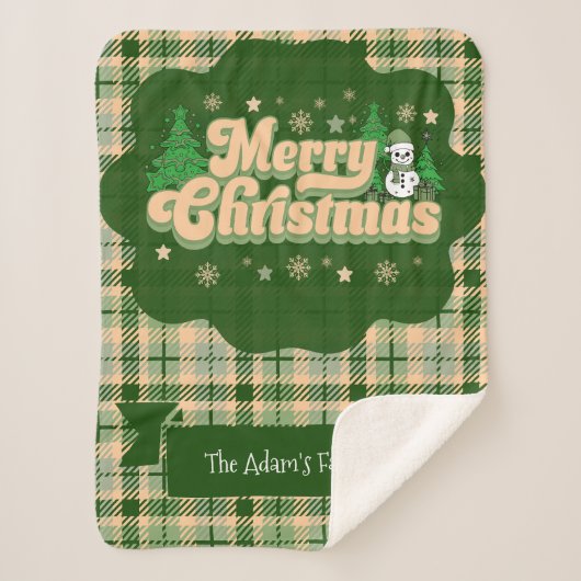 Gepersonaliseerde familienaam Retro Christmas Plai Sherpa Deken (Voorkant)