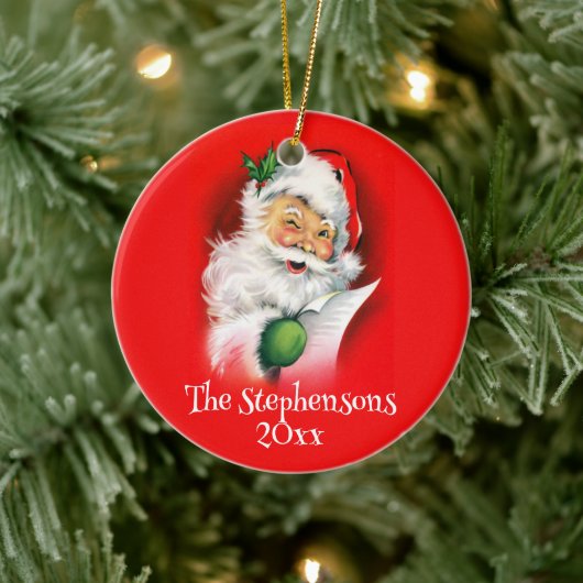 Gepersonaliseerde familienaam Winking Santa Christ Keramisch Ornament (Boom)